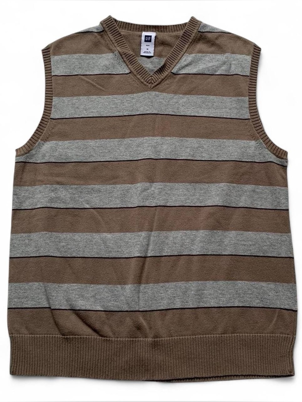 GAP Y2K Men’s Grey & Brown Striped V-Neck Sleeveless Sweater Vest Size M